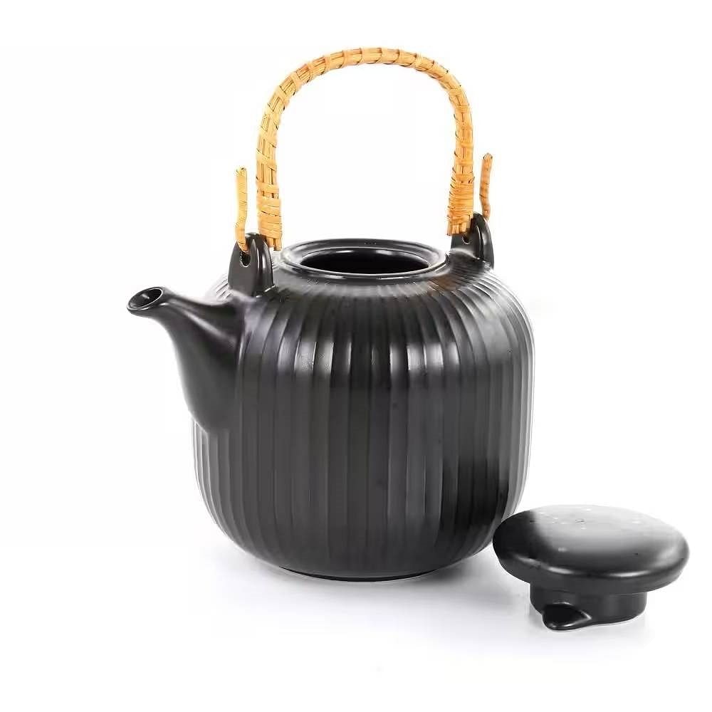 1.2 Quart Black Stoneware Teapot Kettle with Rattan Handle - Free Shipping