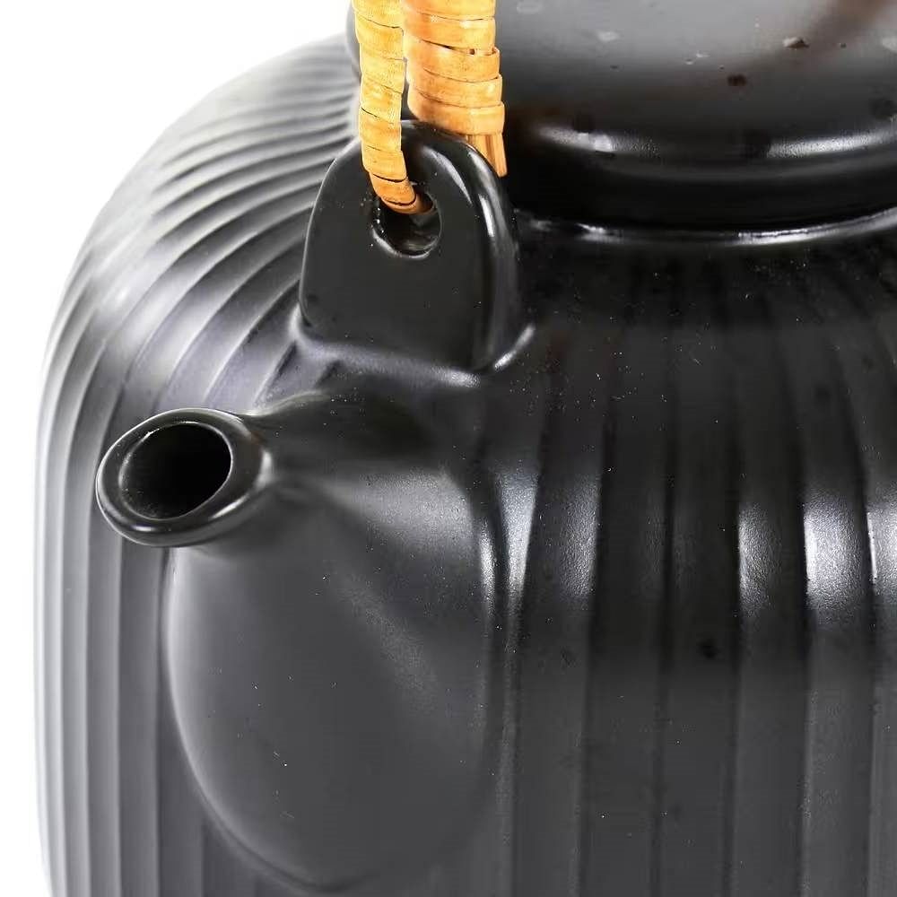 1.2 Quart Black Stoneware Teapot Kettle with Rattan Handle - Free Shipping