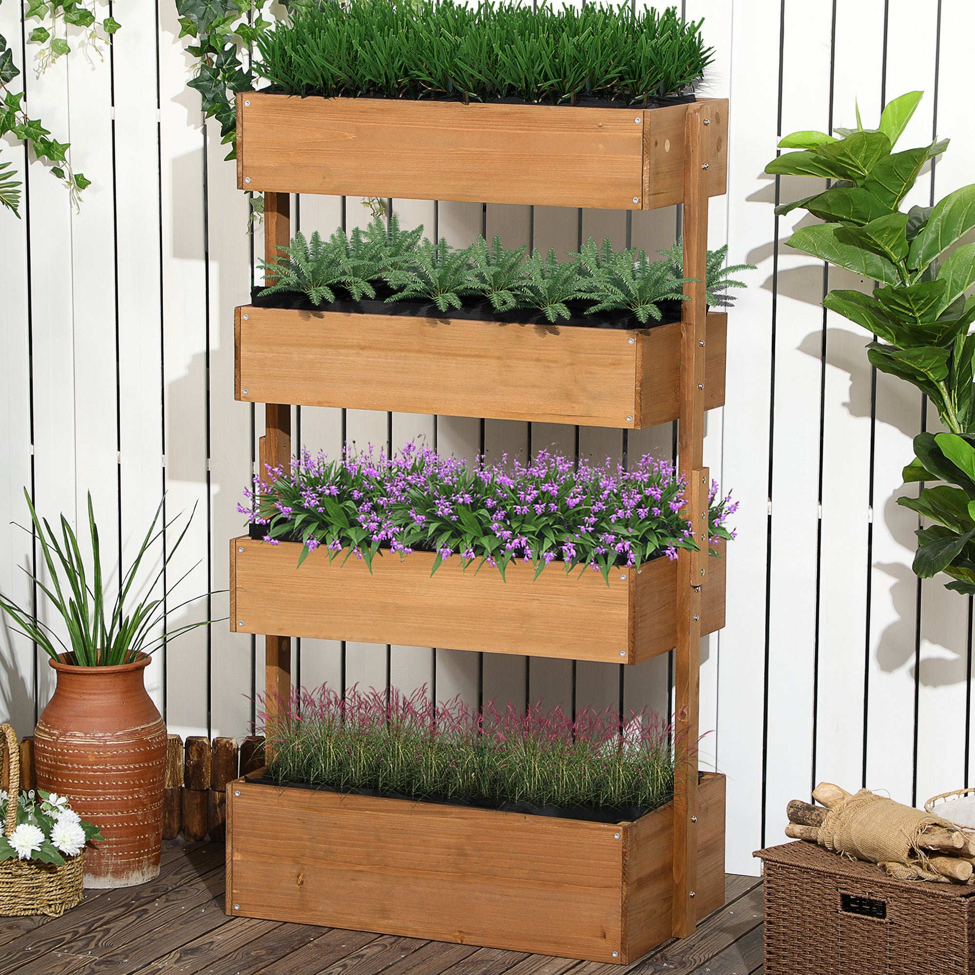 Outsunny 4-Tier Vertical Raised Garden Bed: Elevated Planter Rack with Non-Woven Fabric, Wooden Boxes
