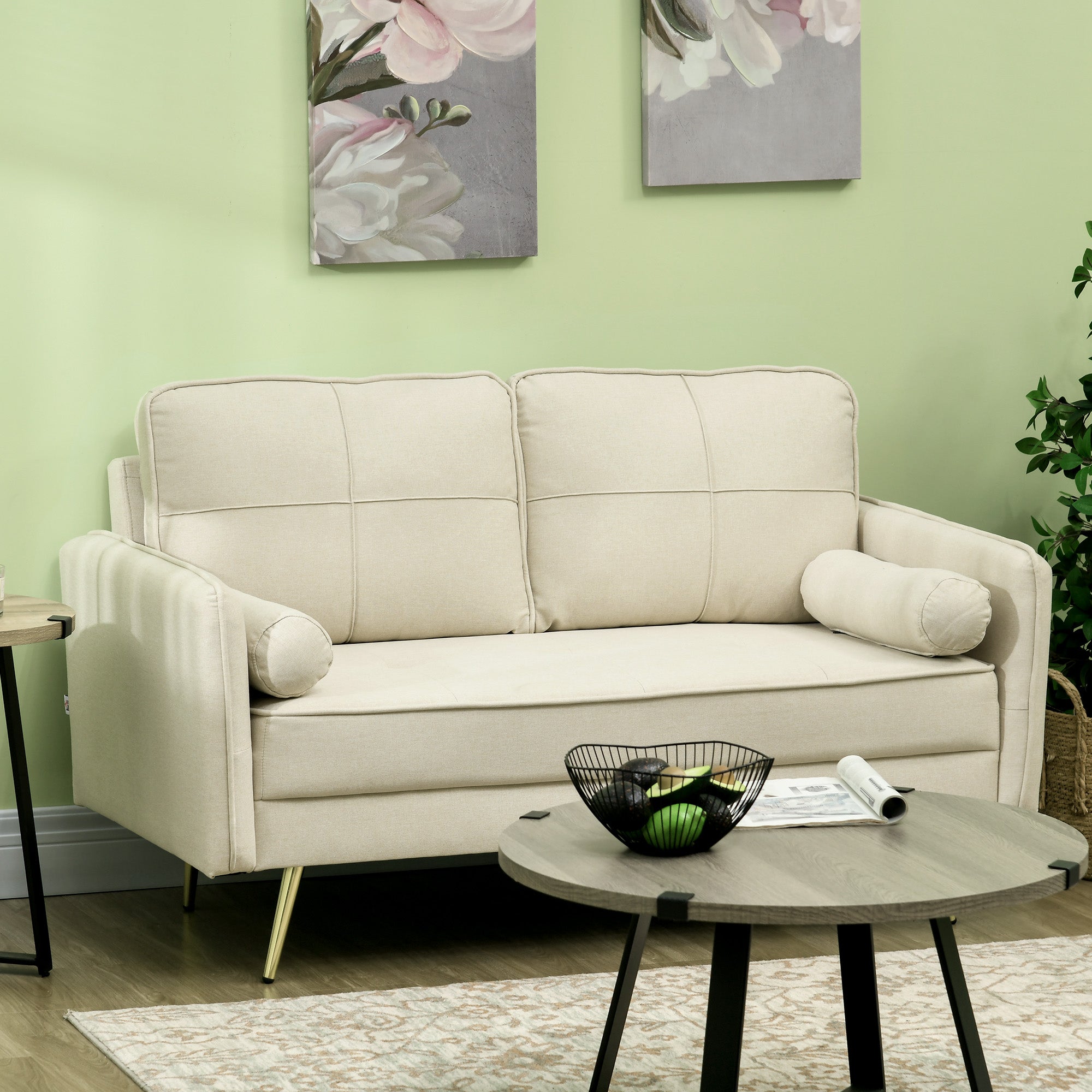 HOMCOM 56" Loveseat Sofa Beige Upholstered 2 Seater Couch with Back Cushions for Bedroom Comfortable