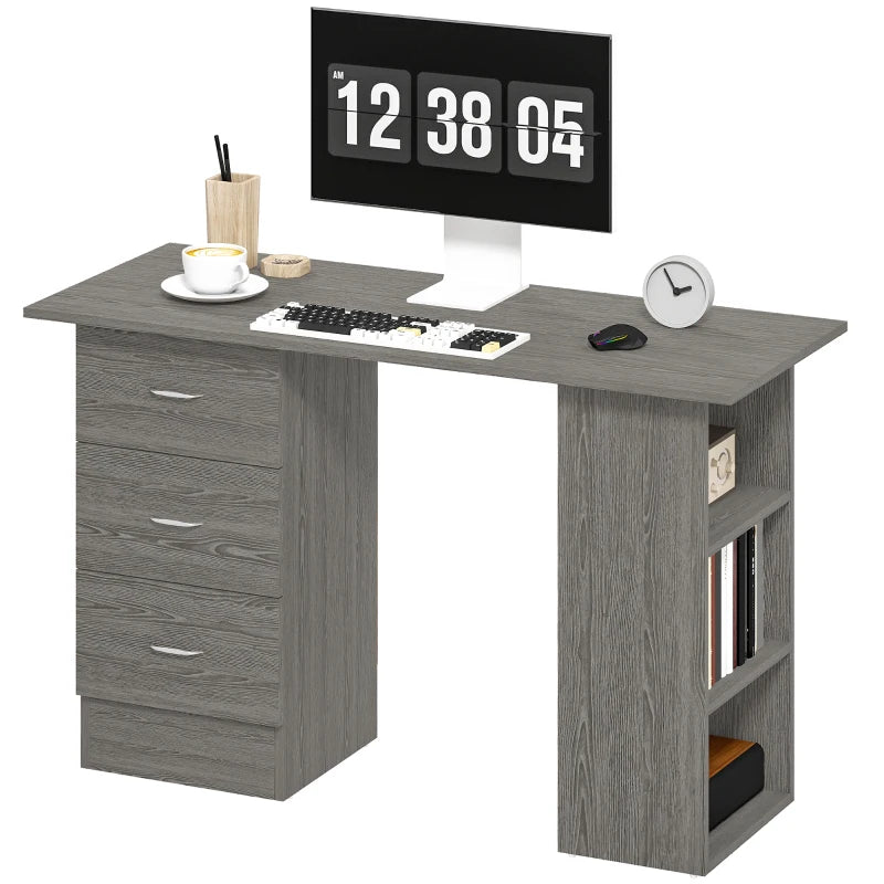Computer Desk, 47" Writing Table with 3-Tier Shelves and 3 Reversible Drawers for Home Office, Bedroom, Grey