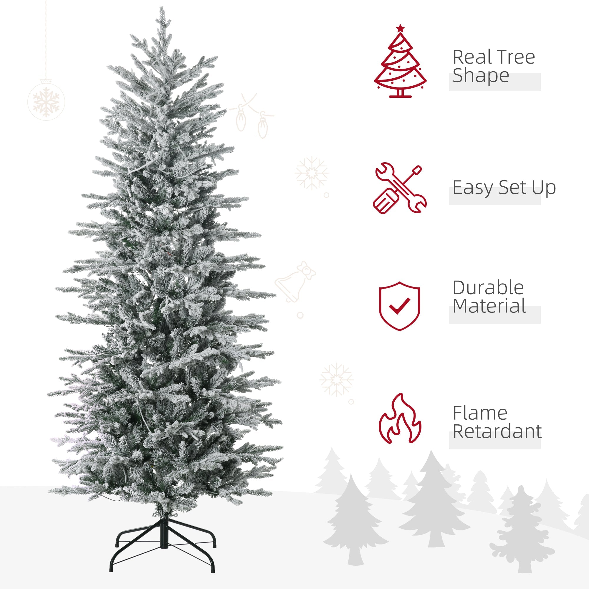 HOMCOM 6' Pre Lit Artificial Flocked Christmas Trees, with Snow Branches, Warm Yellow Clear Lights, Auto Open, Extra Bulb