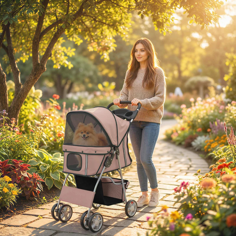 Pet Stroller for Dogs & Cats, Foldable Dog Stroller with Wheels, Reflective Strips, Brake, Pad and Basket, Coffee