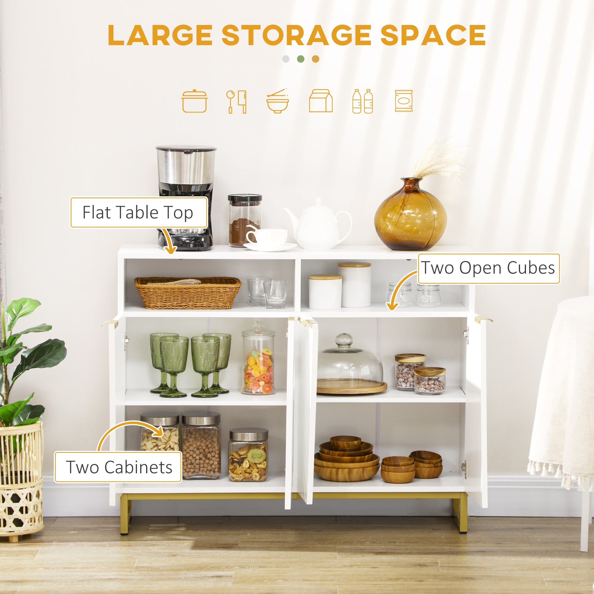HOMCOM White Metal Base Storage Cabinet: Kitchen Sideboard Bar Cabinet with Doors and Shelves