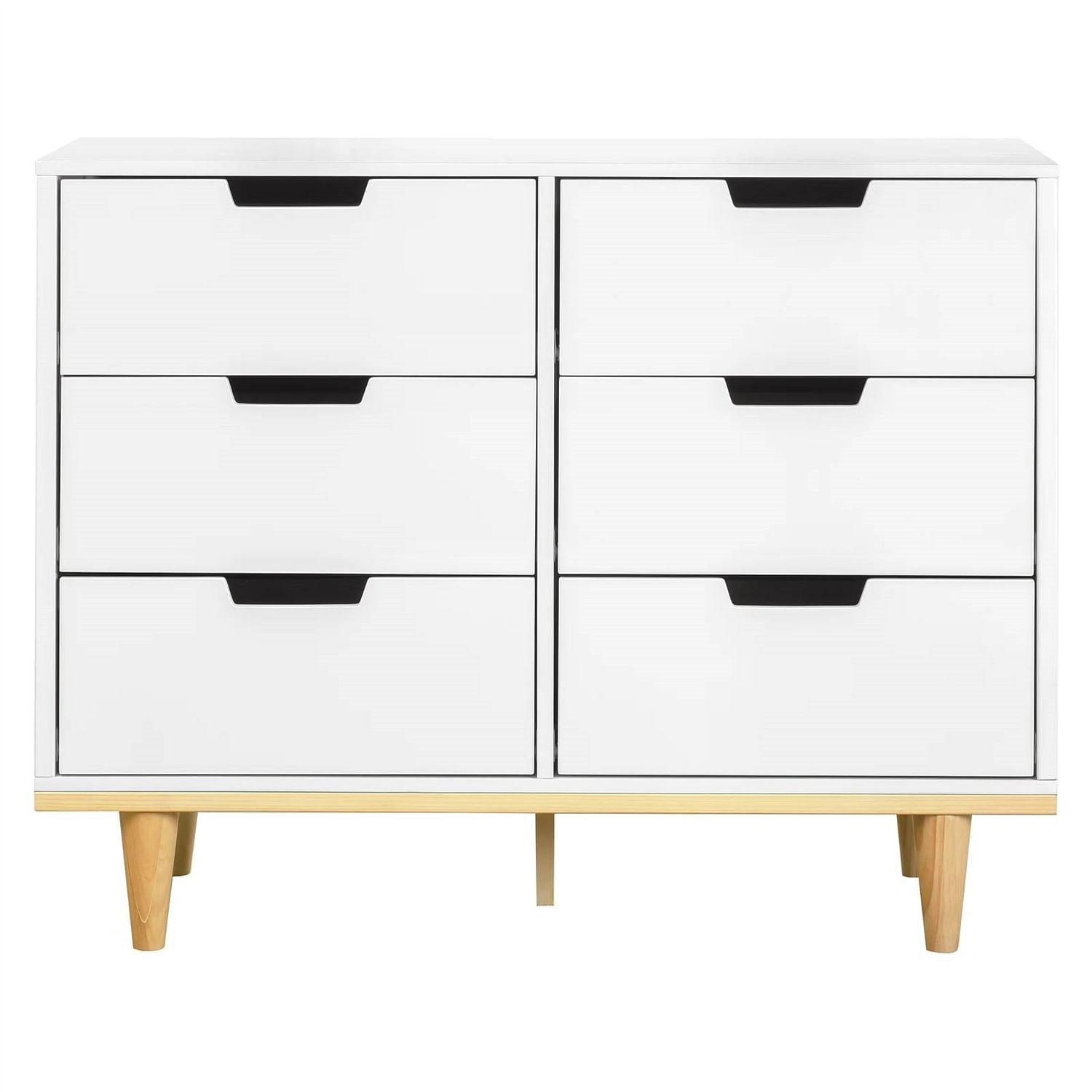 Modern Mid-Century Style 6-Drawer Double Dresser in White Natural Wood Finish - Free Shipping