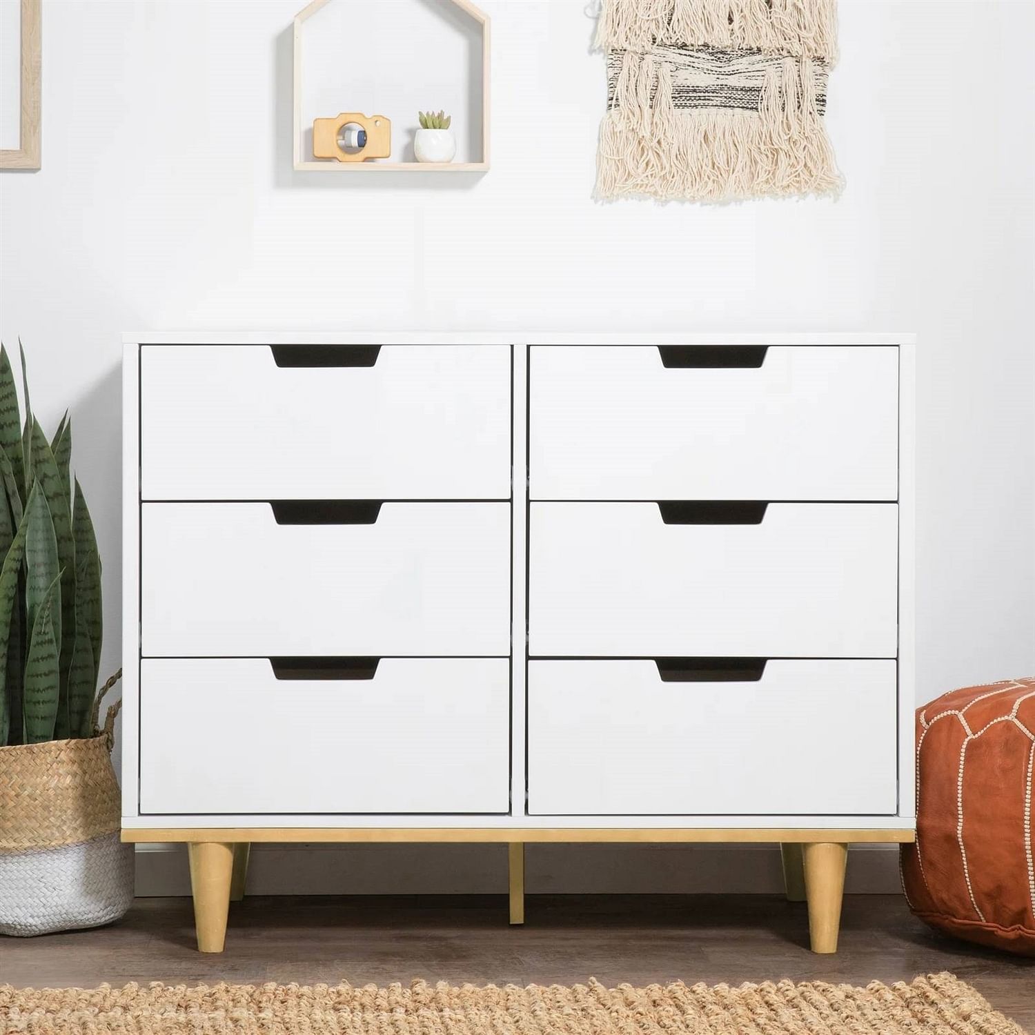 Modern Mid-Century Style 6-Drawer Double Dresser in White Natural Wood Finish - Free Shipping