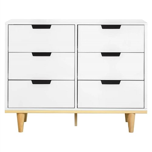 Modern Mid-Century Style 6-Drawer Double Dresser in White Natural Wood Finish - Free Shipping