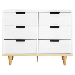 Modern Mid-Century Style 6-Drawer Double Dresser in White Natural Wood Finish - Free Shipping