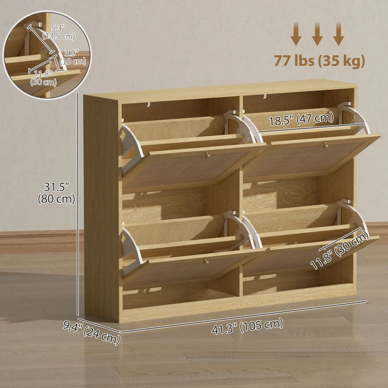 Narrow Shoe Storage Cabinet, Rattan Shoe Cabinet with 4 Flip Drawers and Adjustable Shelves for 20 Pairs, Oak