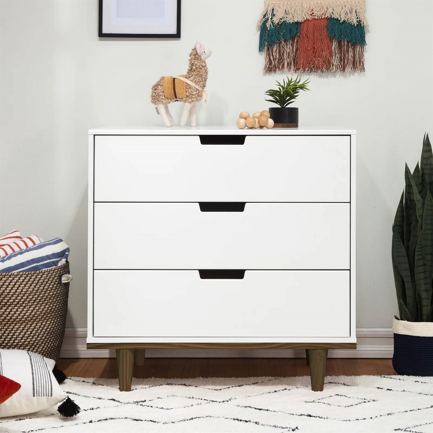 Modern Mid-Century Style 3-Drawer Dresser Chest in White Walnut Wood Finish - Free Shipping