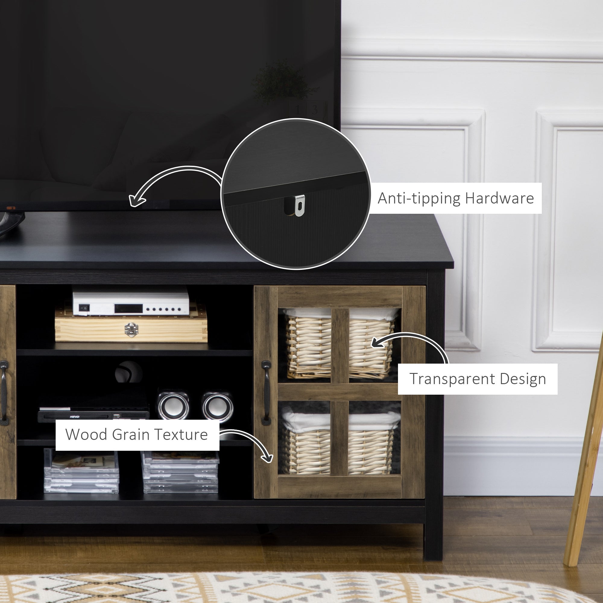 HOMCOM Sleek Entertainment Hub: Black TV Cabinet for 55" TVs, Adjustable Shelves, Living Room Centerpiece