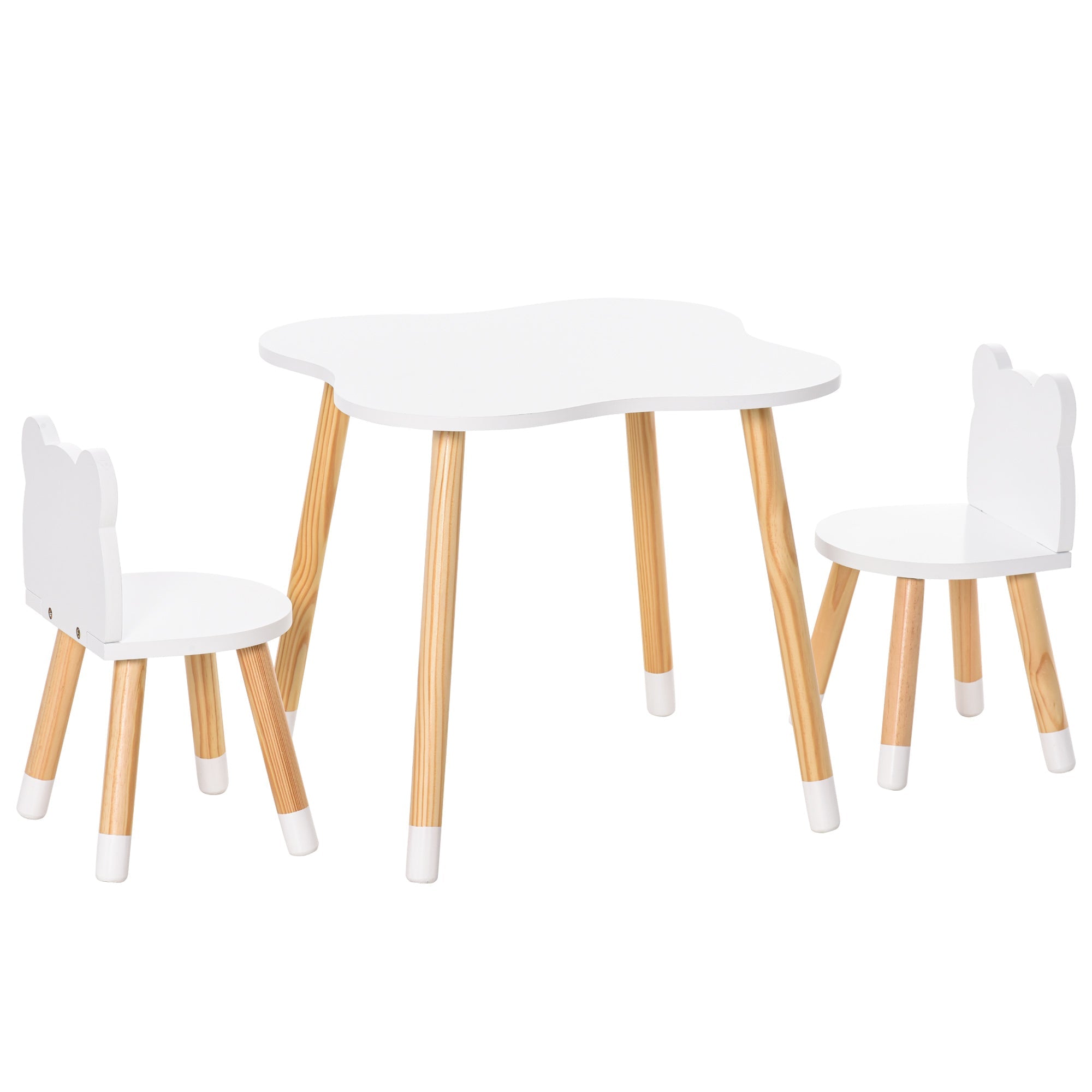 Qaba Wooden Kids Table & Chair Set: Cute Bear Design, Rounded Edges for Toddler Dining/Play in White