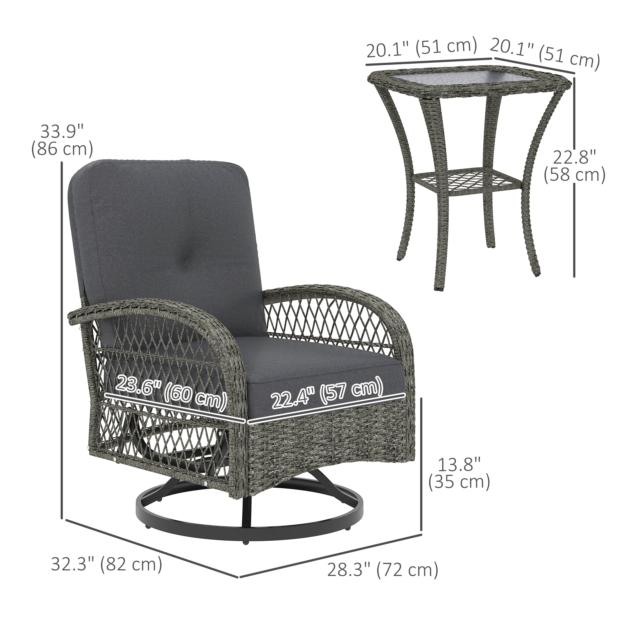 Outsunny Wicker Balcony Furniture with 2 Swivel Glider Chairs and 2-Tier Glass Coffee Table, 3 Piece Patio Set for Porch, Grey
