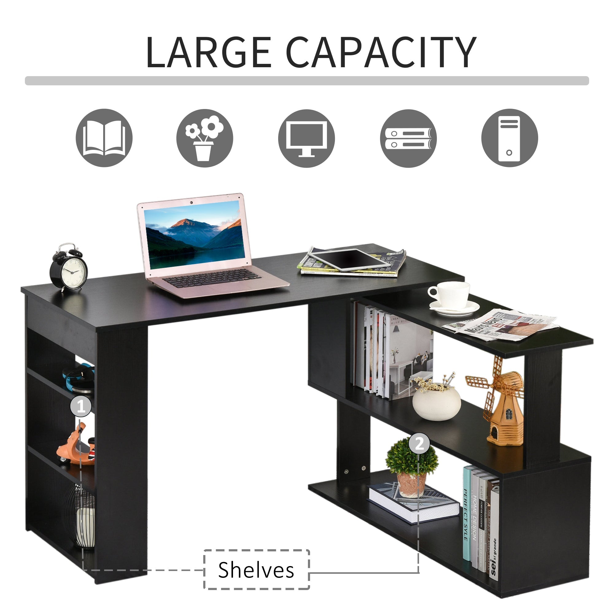 HOMCOM Rotating L-Shaped Desk Corner Computer Workstation with Storage Shelf Home Office Writing Table Black
