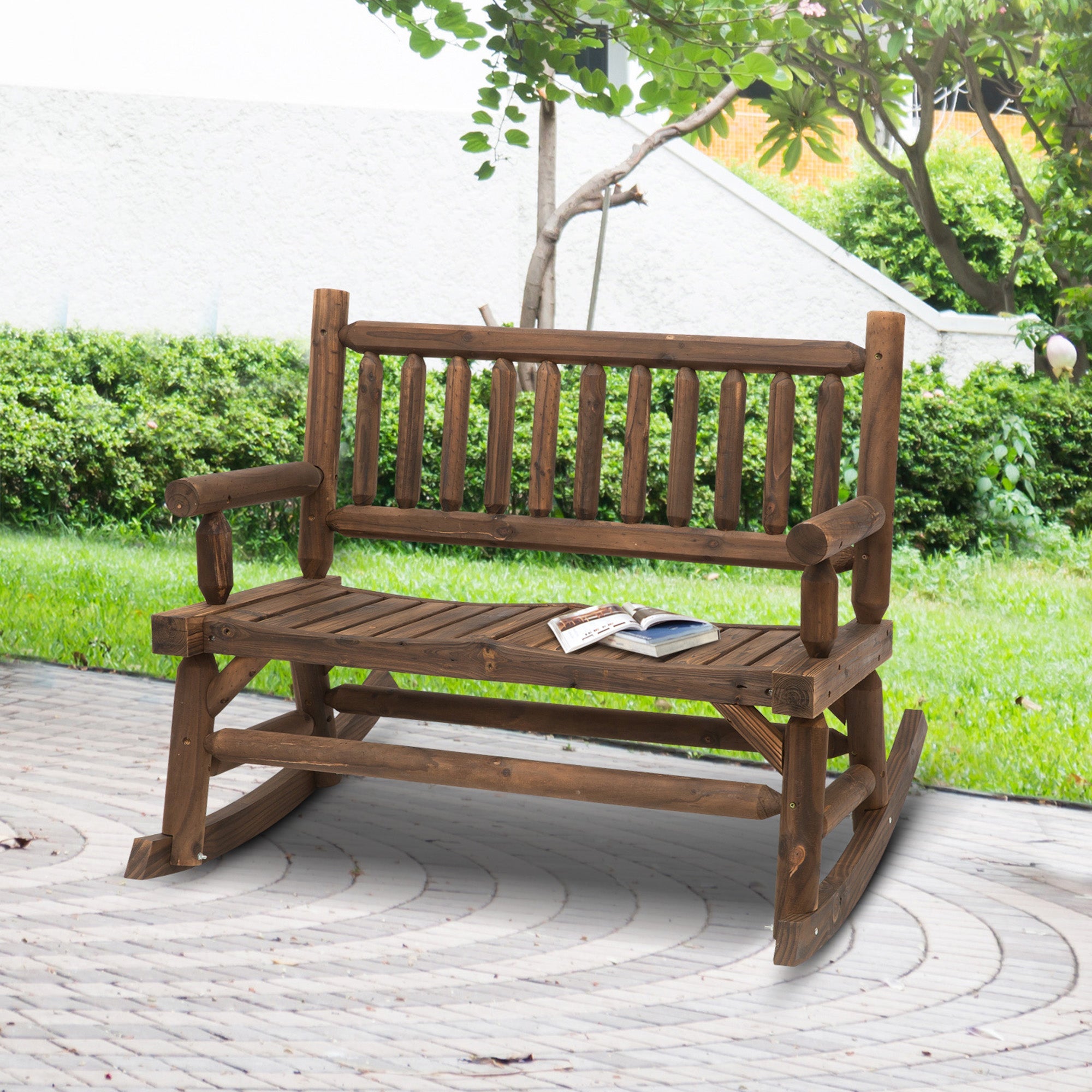 Outsunny Rustic Serenity: Outdoor Rocking Bench, 2-Person Wood Patio Rocker with Slat Back and Seat, Carbonized Finish