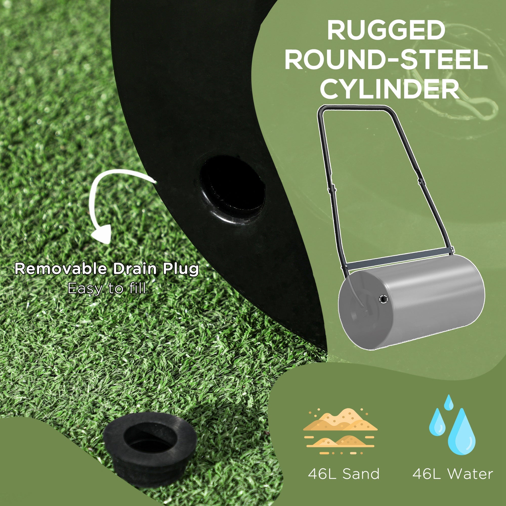 Outsunny Lawn Roller Heavy Duty, Push/Tow Design, Fillable with Water/Sand for Garden Maintenance - Black