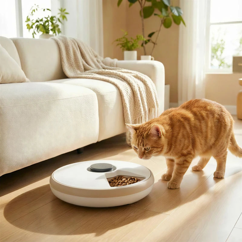 Automatic Cat Feeder for Dry Wet Food Timed Cat Dog Food Dispenser with 6 Trays 1 Ice Pack Battery Powered Light Brown