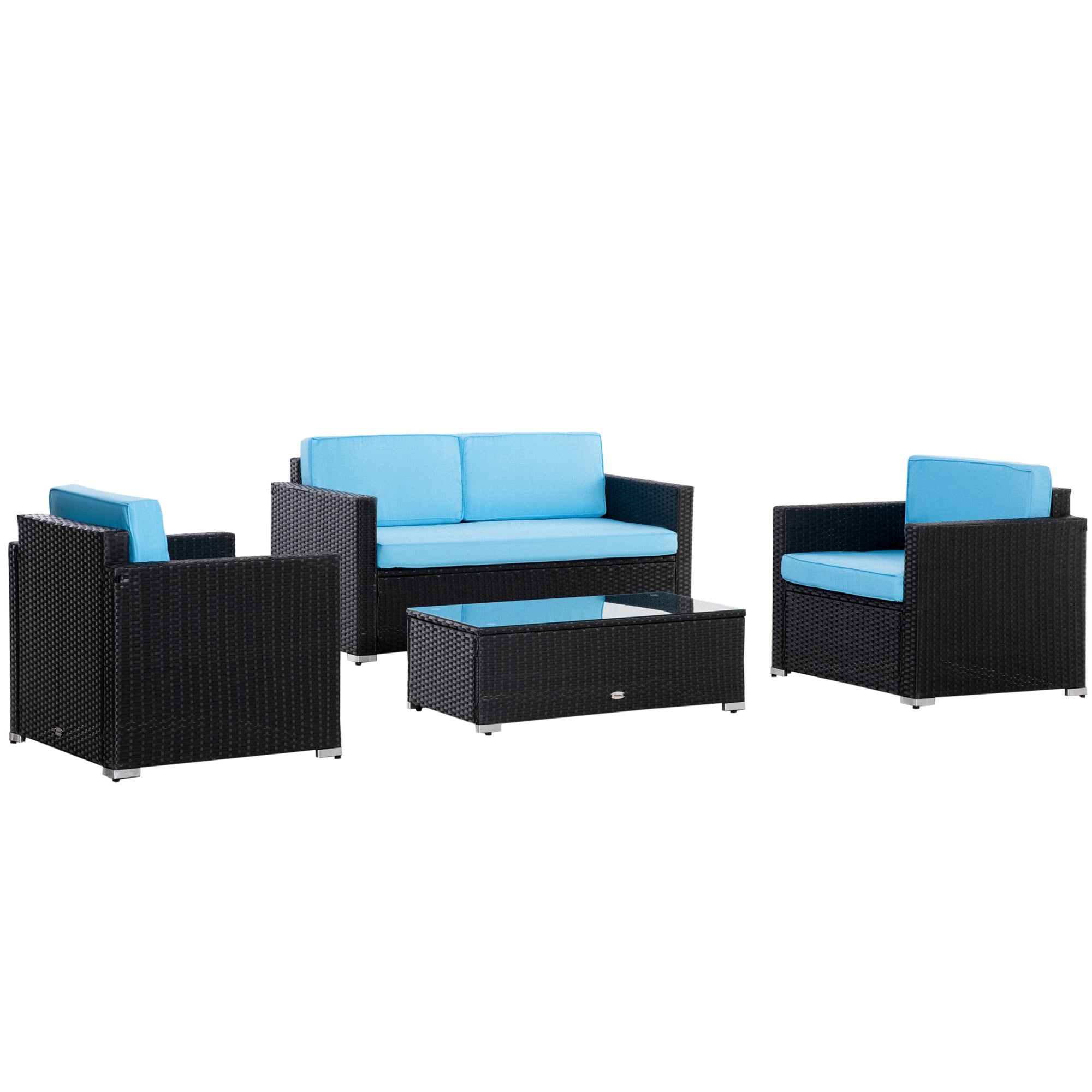 Outsunny 4PC Sky Blue Patio Wicker Sofa Set Outdoor PE Rattan Conversation Furniture with Tempered Glass Table-top