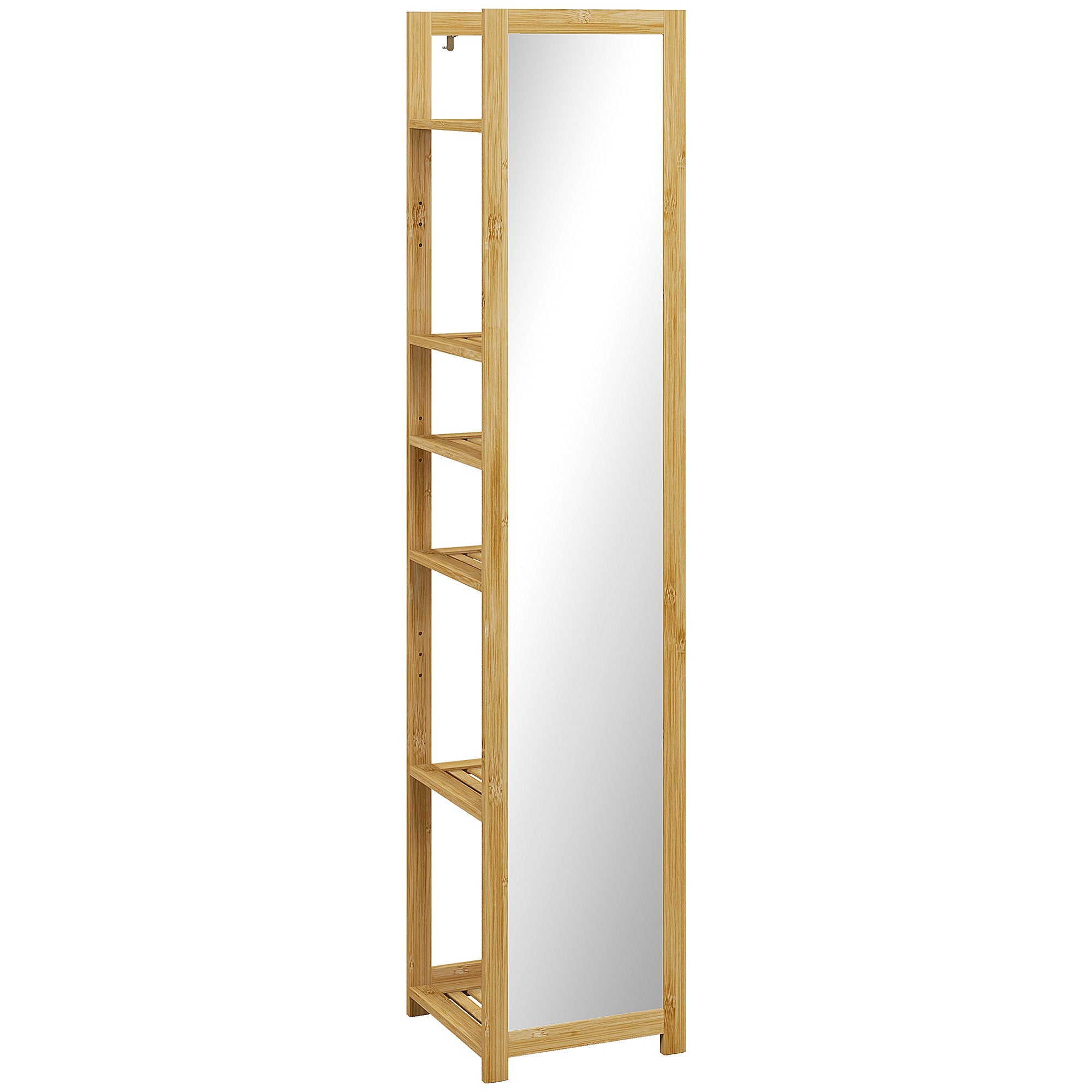 HOMCOM 6-Tier Bamboo Bathroom Shelves with Mirror, Freestanding Bathroom Rack with 6 Slatted Shelves, Nature Wood
