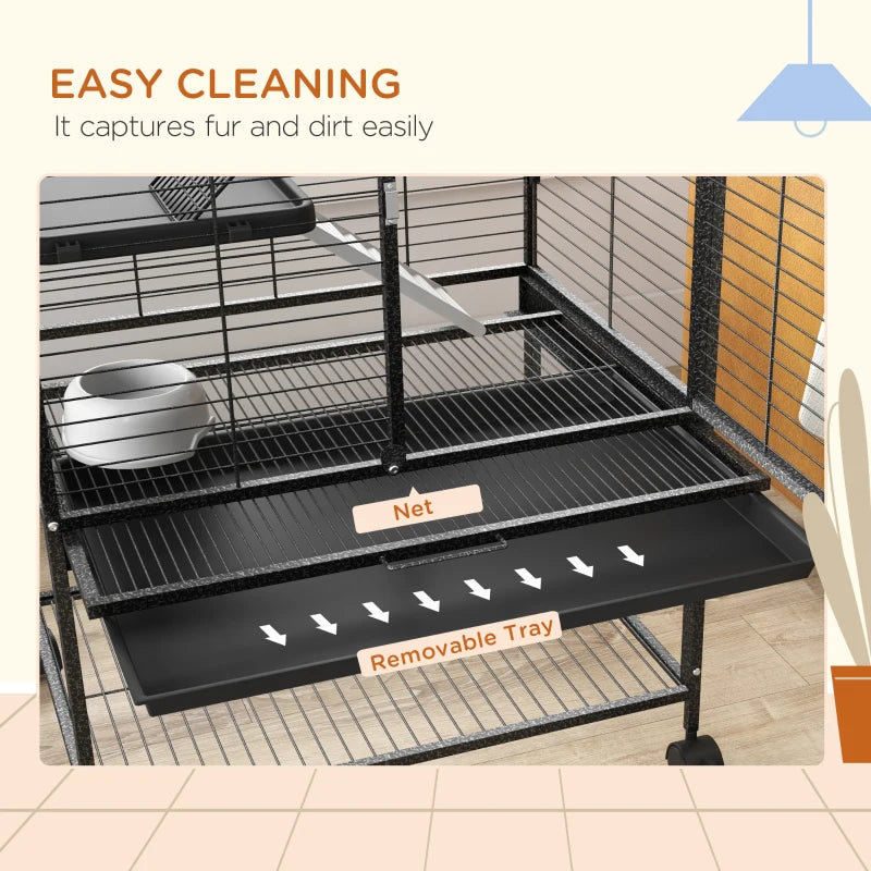 Rolling Small Animal Cage 53.5"H Chinchilla Cage for Ferrets, Squirrels w/ Removable Tray, Storage Shelf, Dark Grey