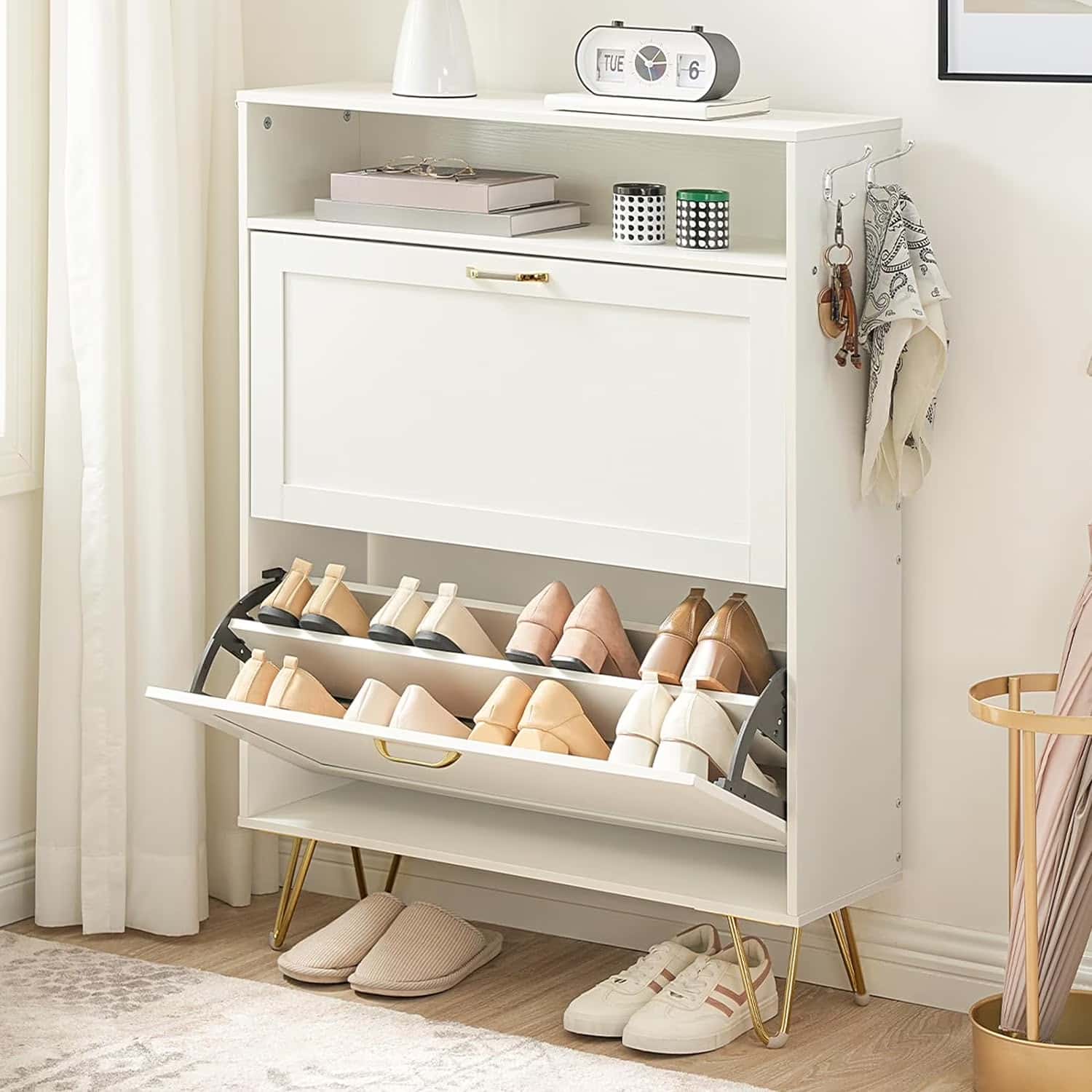 HOOBRO Slim Shoe Cabinet with 2 Flip Drawers and Open Shelves, Modern Entryway Shoe Storage Organizer, White