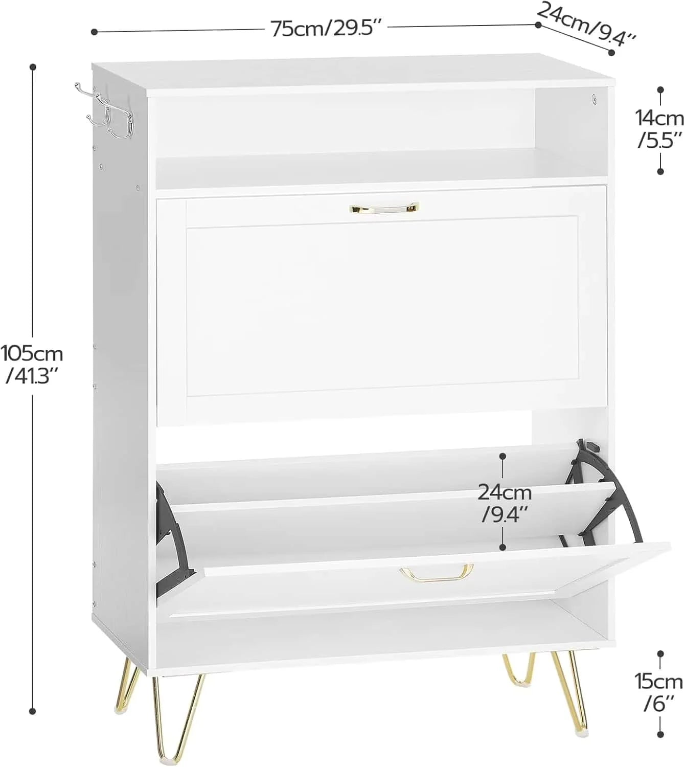 HOOBRO Slim Shoe Cabinet with 2 Flip Drawers and Open Shelves, Modern Entryway Shoe Storage Organizer, White