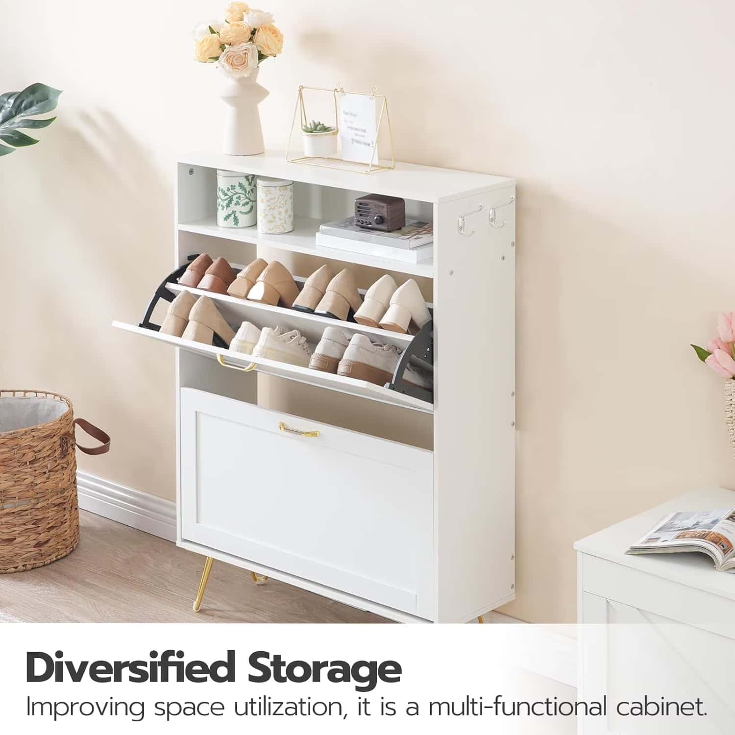 HOOBRO Slim Shoe Cabinet with 2 Flip Drawers and Open Shelves, Modern Entryway Shoe Storage Organizer, White
