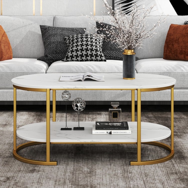 Marble Coffee Table with Open Storage Shelf-White