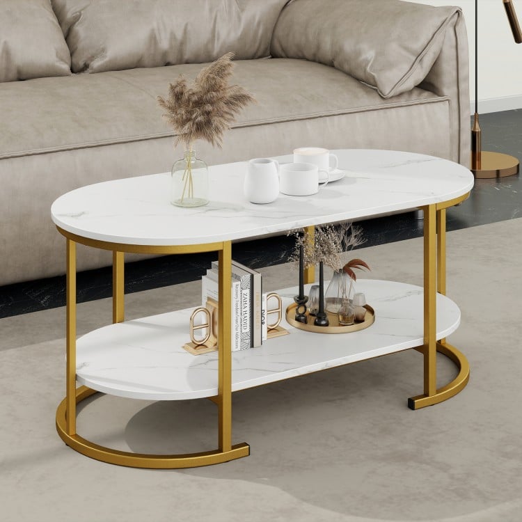 Marble Coffee Table with Open Storage Shelf-White