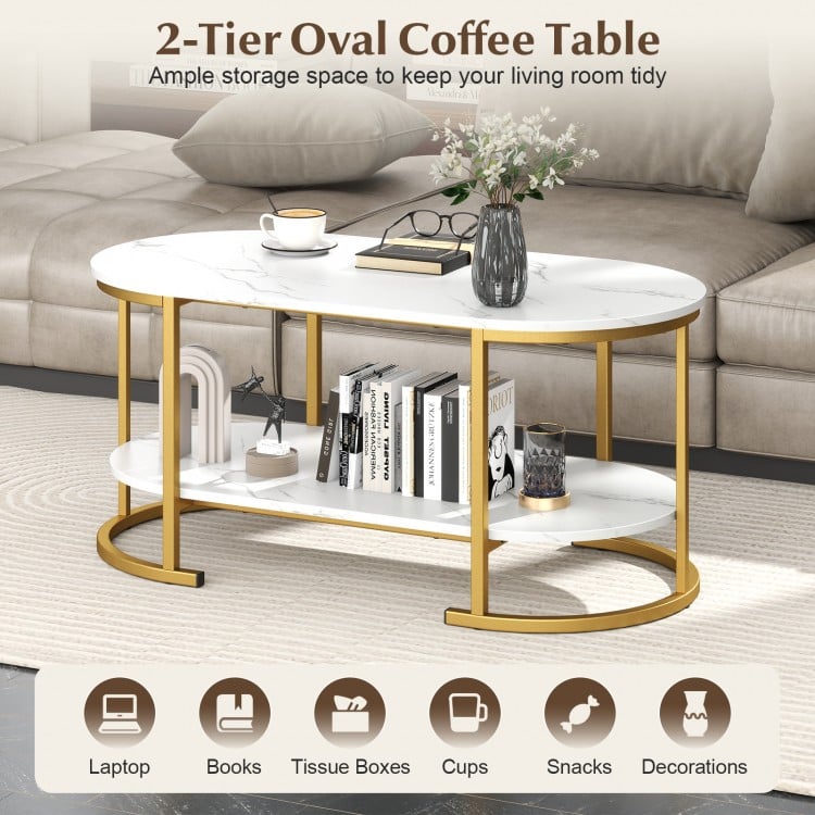 Marble Coffee Table with Open Storage Shelf-White