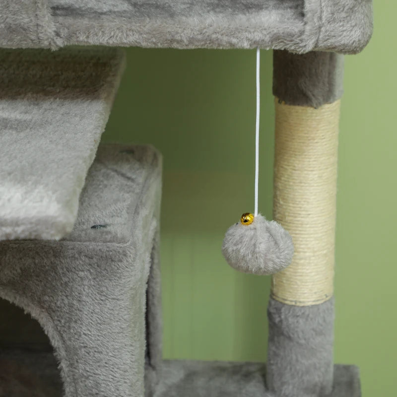 54" Cat Tree, Multi-Level Cat Tower with Scratching Posts, Cat Condos, Bed, Platforms, Ramp, Toy Ball, Light Grey