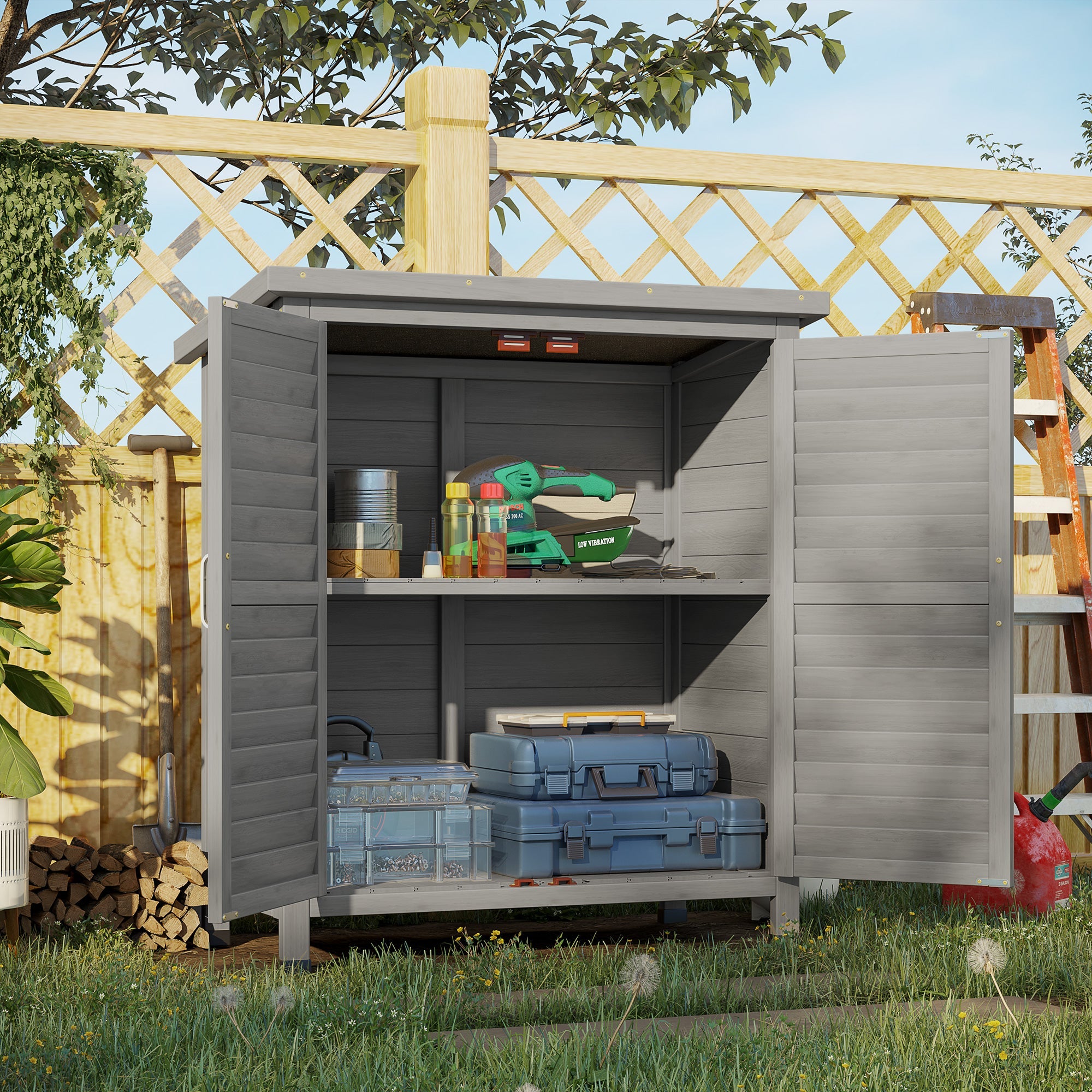 Outsunny Wooden Garden Shed Outdoor Tool Storage 2 Door Cabinet with Shelves Solid Fir Wood Organiser 34"x18"x38" Natural