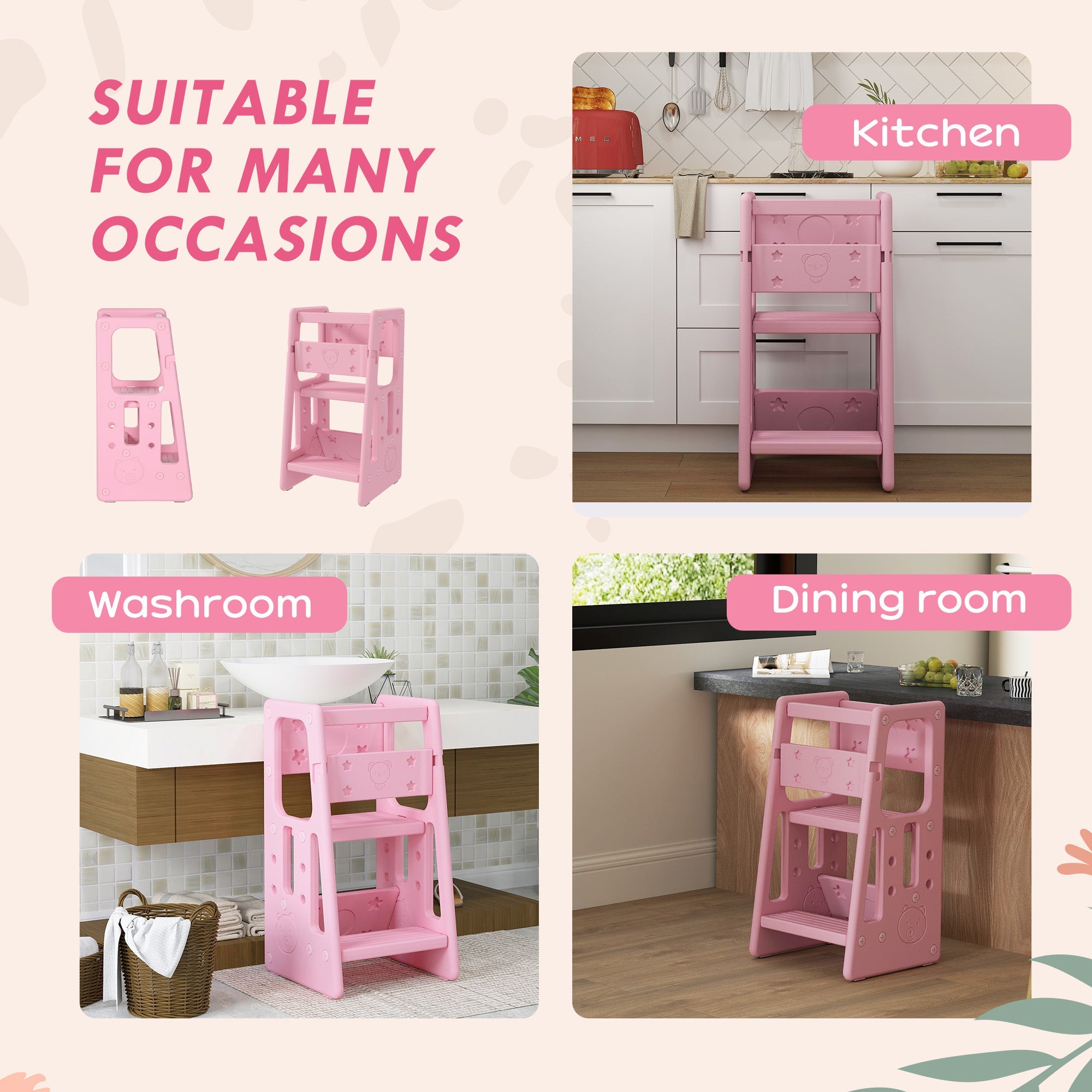 Qaba Toddler Kitchen Helper 2 Step Stool with Adjustable Height Platform and Safety Rail, Pink