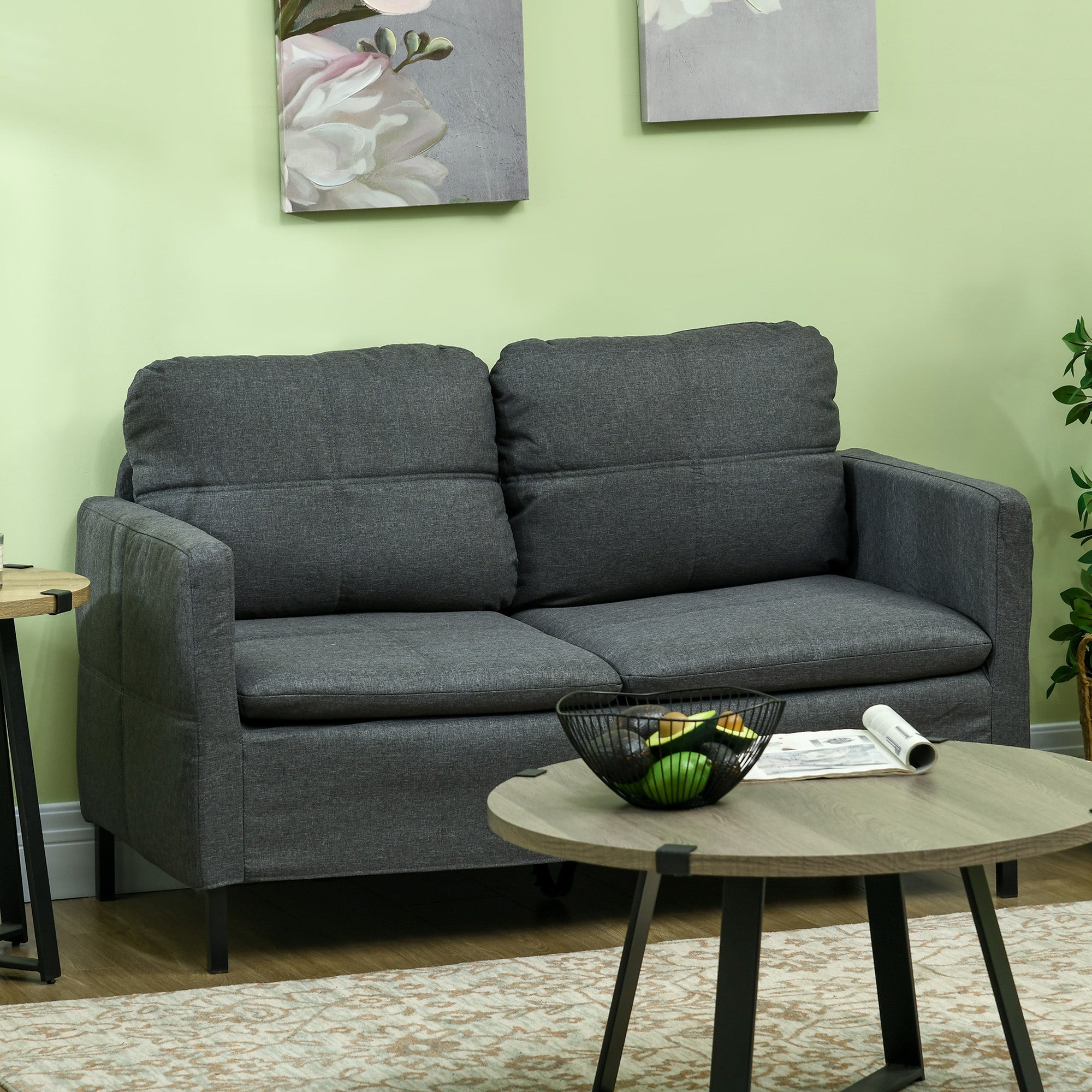 HOMCOM Sofa 53" 2-Seater Upholstered Two Seater Couch Steel Legs Bedroom Living Room Dark Grey