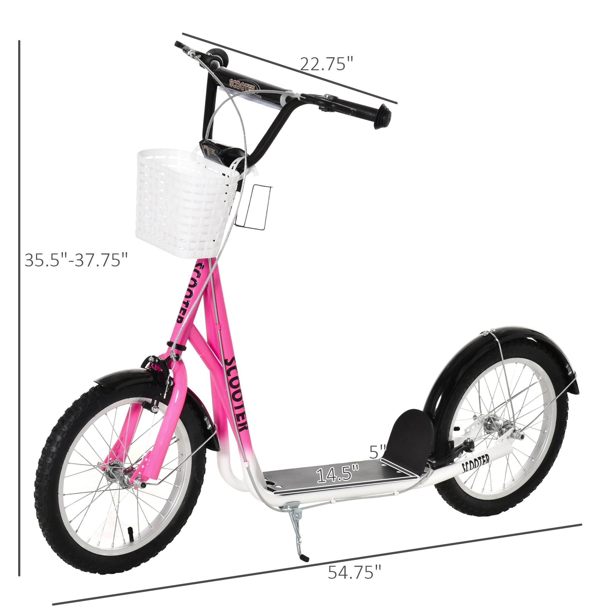 Aosom Kick Scooter for Kids Teens with Adjustable Handlebar Dual Brakes 16" Inflatable Rubber Tyres Outdoor Fun Pink