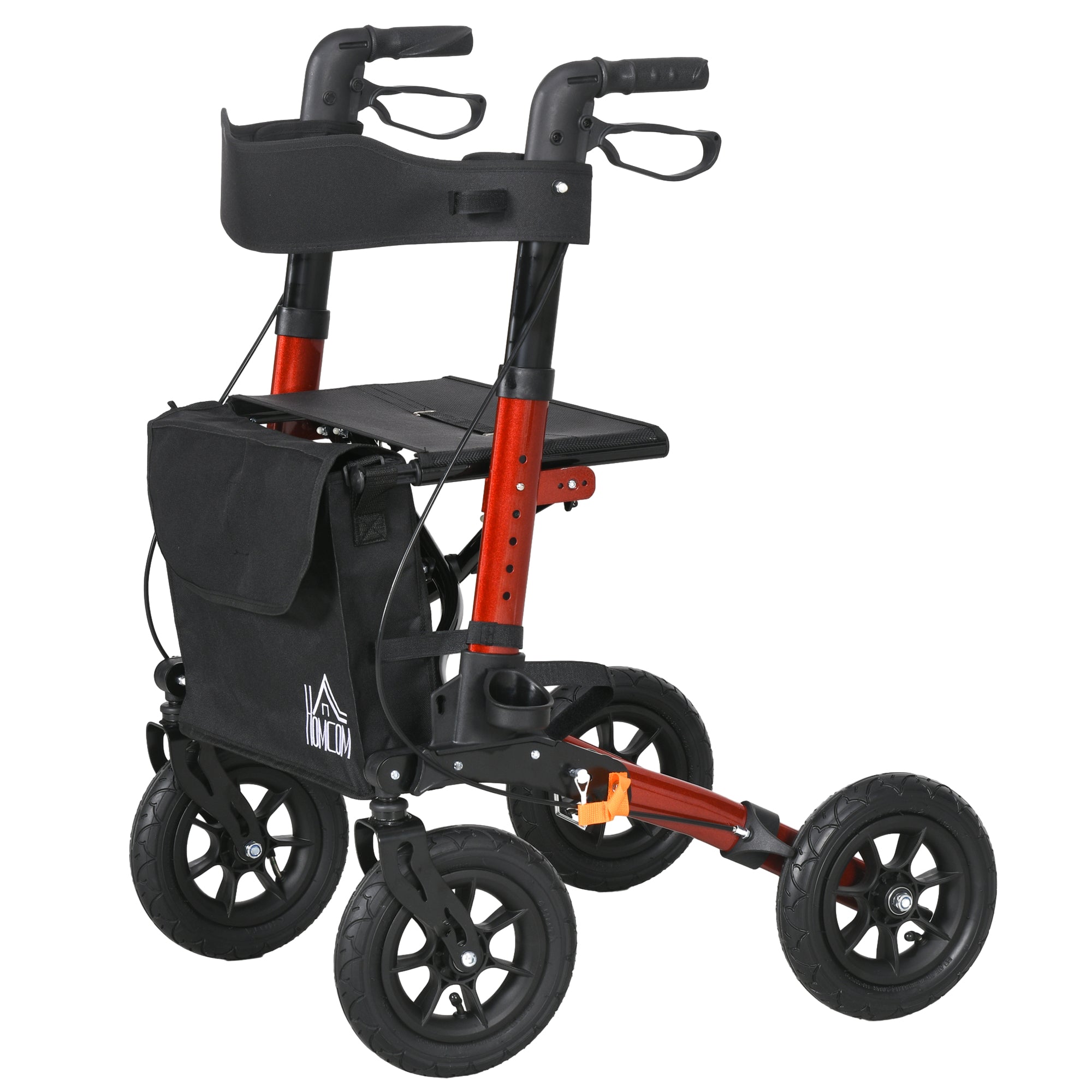 HOMCOM Rollator Walker for Seniors Adjustable Seat & Handle Folding Aluminum Frame Rubber Wheels Storage Bag Vibrant Red