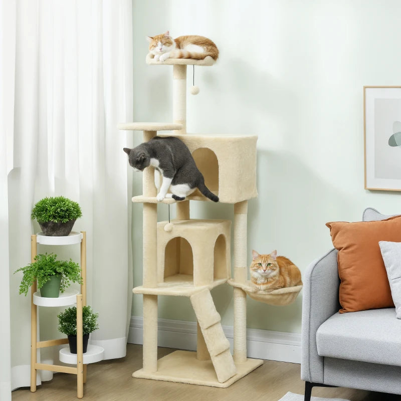 63 Inch Cat Tree with Sisal Scratching Posts, Condos, Plush Perches, Hammock, Ladder, Dangling Balls, Beige
