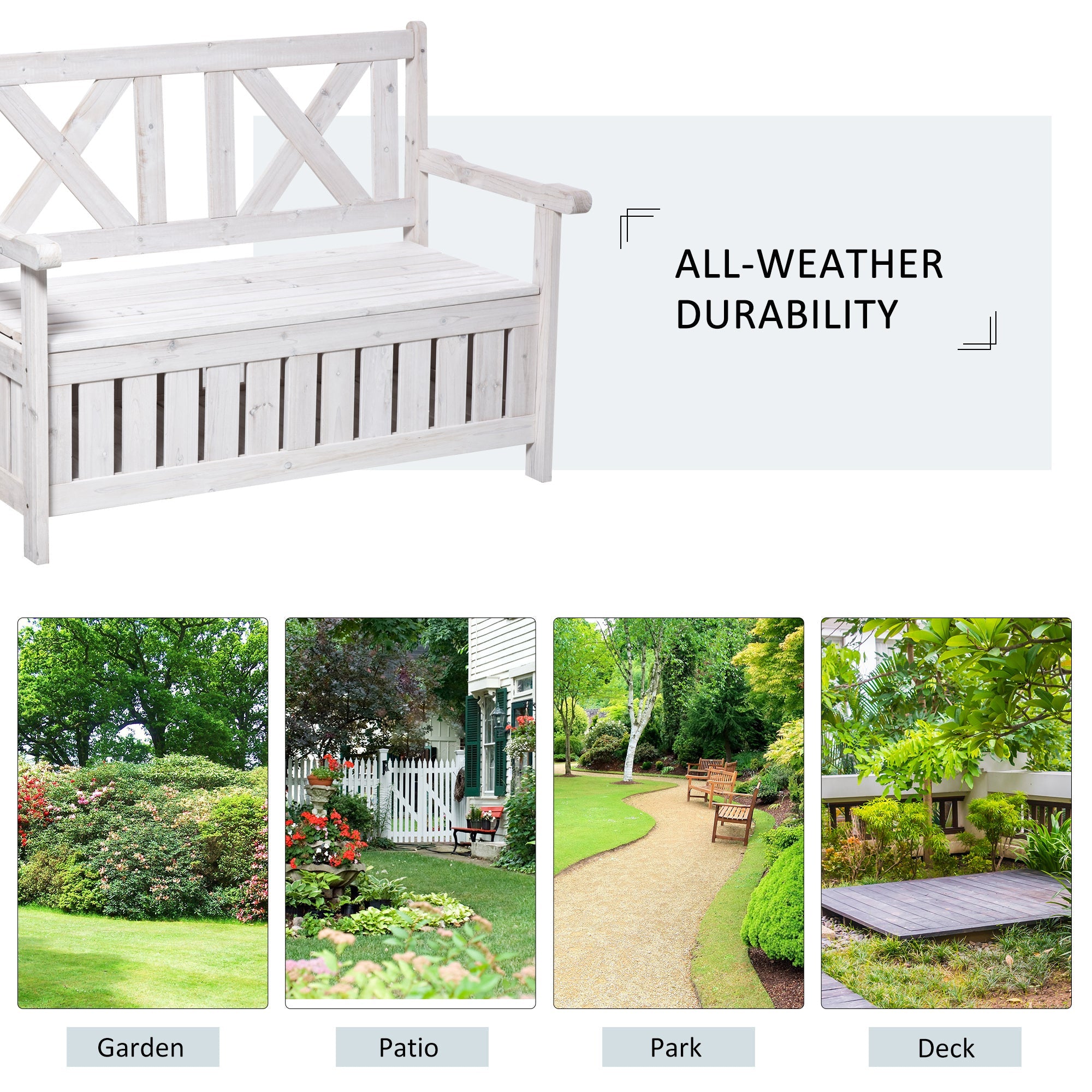 Outsunny Wooden Outdoor Storage Bench 2-Person Patio Bench with Louvered Side Panels and X-Shape Back for Garden, Patio, White