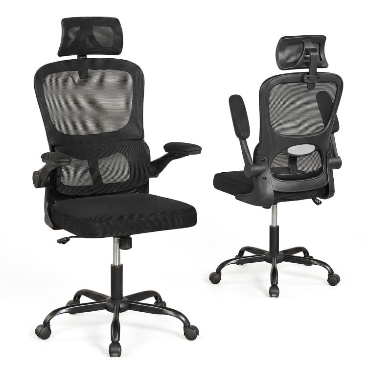 Mesh Office Chair with Adaptive Lumbar Support Flip-up Armrests Reclining Backrest-Black