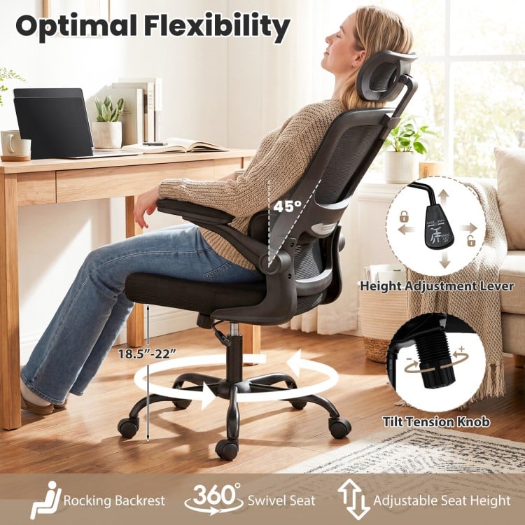 Mesh Office Chair with Adaptive Lumbar Support Flip-up Armrests Reclining Backrest-Black