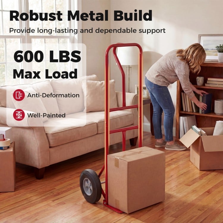 Metal Hand Truck Heavy-Duty 600 LBS Moving Dolly Cart with P-Handle and 10inch Rubber Wheels-Red