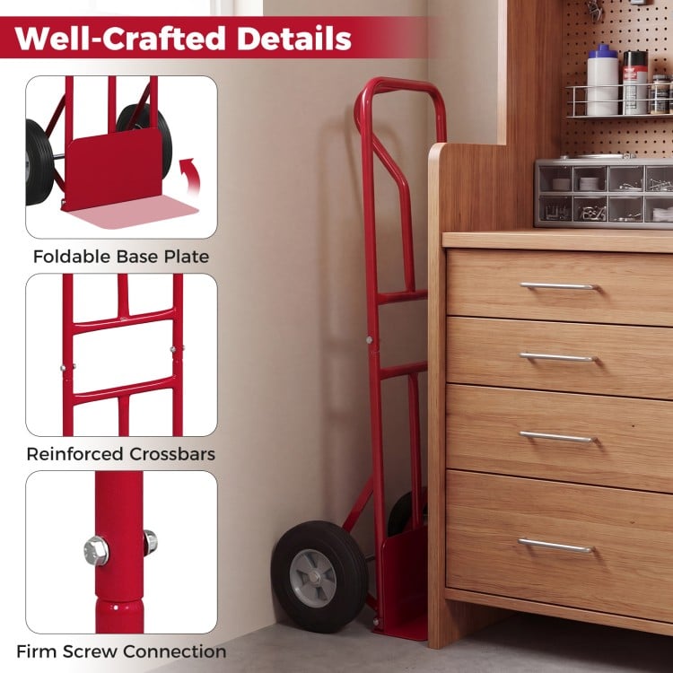 Metal Hand Truck Heavy-Duty 600 LBS Moving Dolly Cart with P-Handle and 10inch Rubber Wheels-Red