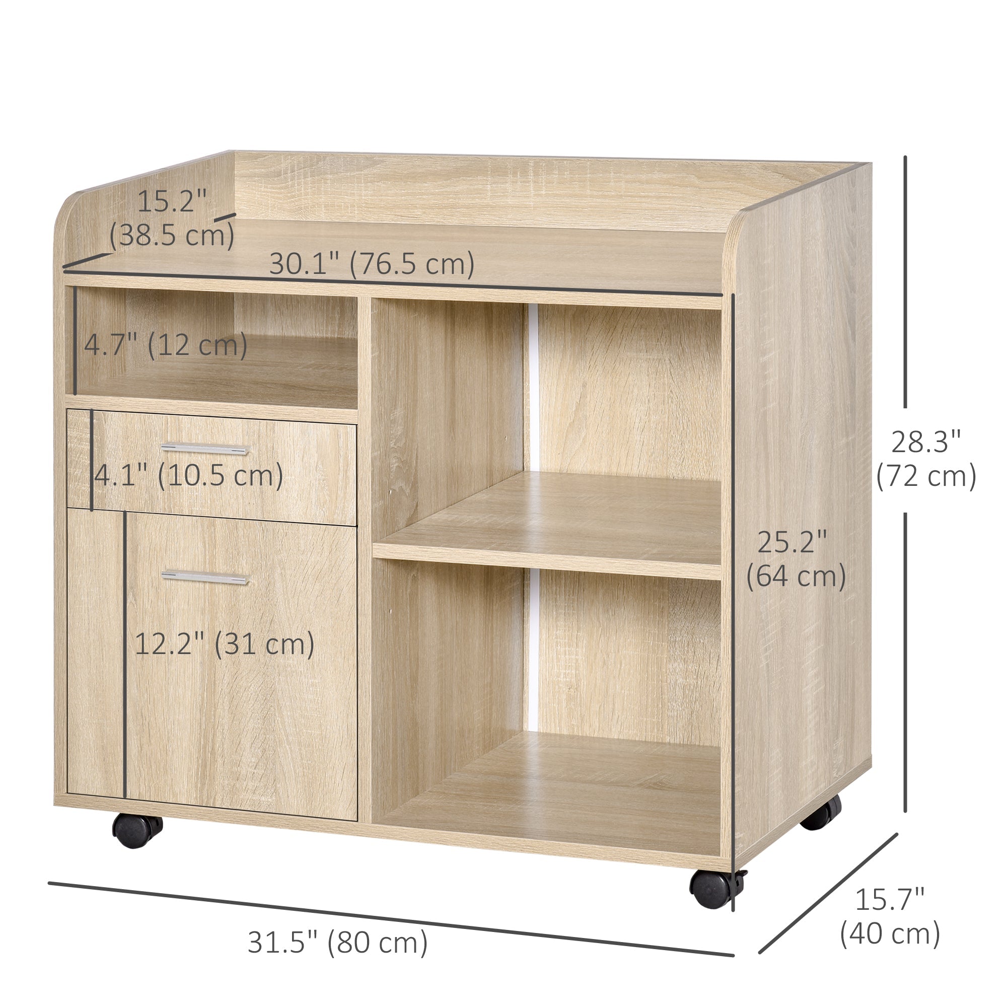 Vinsetto Filing Cabinet: Printer Stand, Mobile, Oak, 2 Drawers, Adjustable Open Shelves, Office