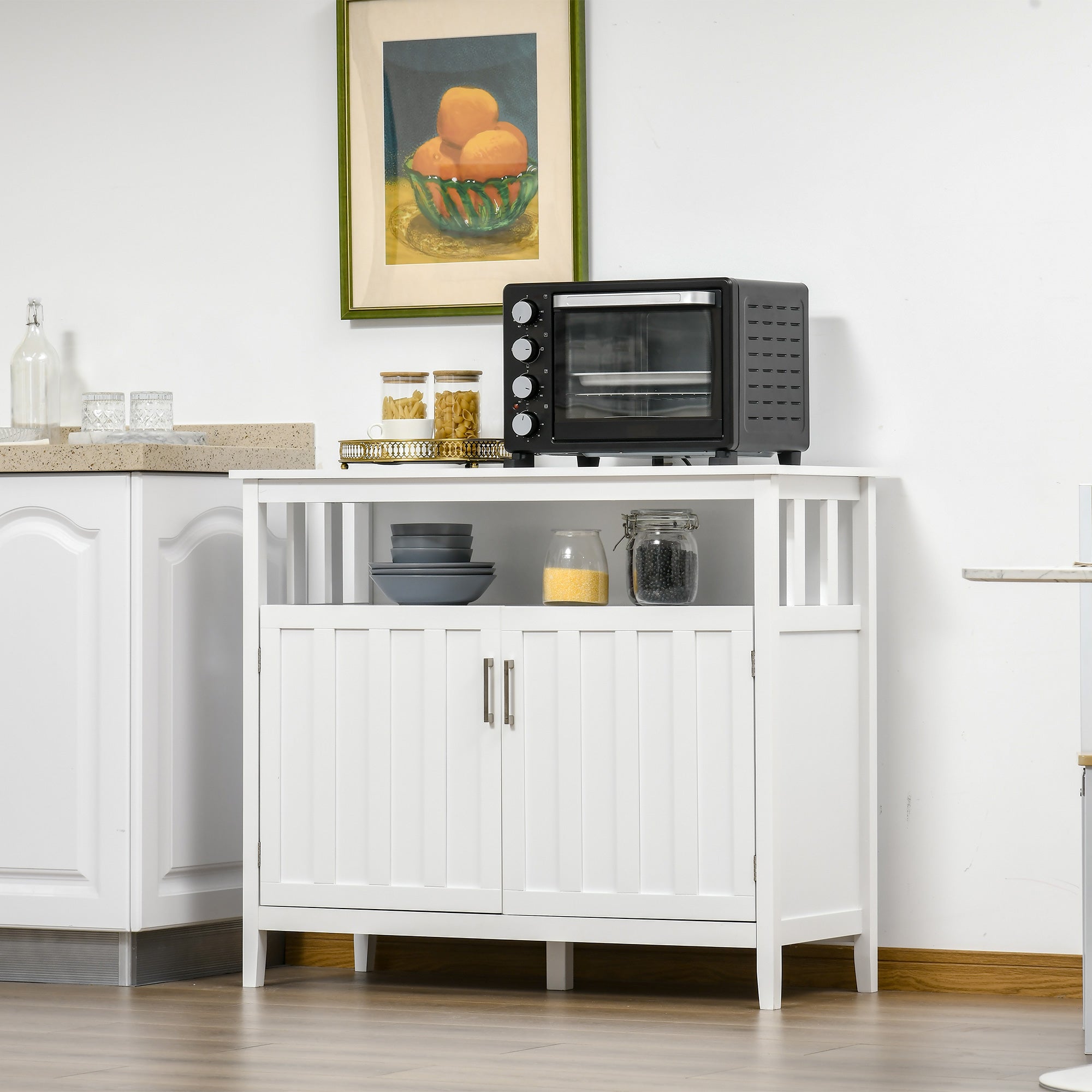 HOMCOM Contemporary Chic: White Sideboard Buffet Server with Doors and Shelves for Dining Room Sophistication | Elegant Storage
