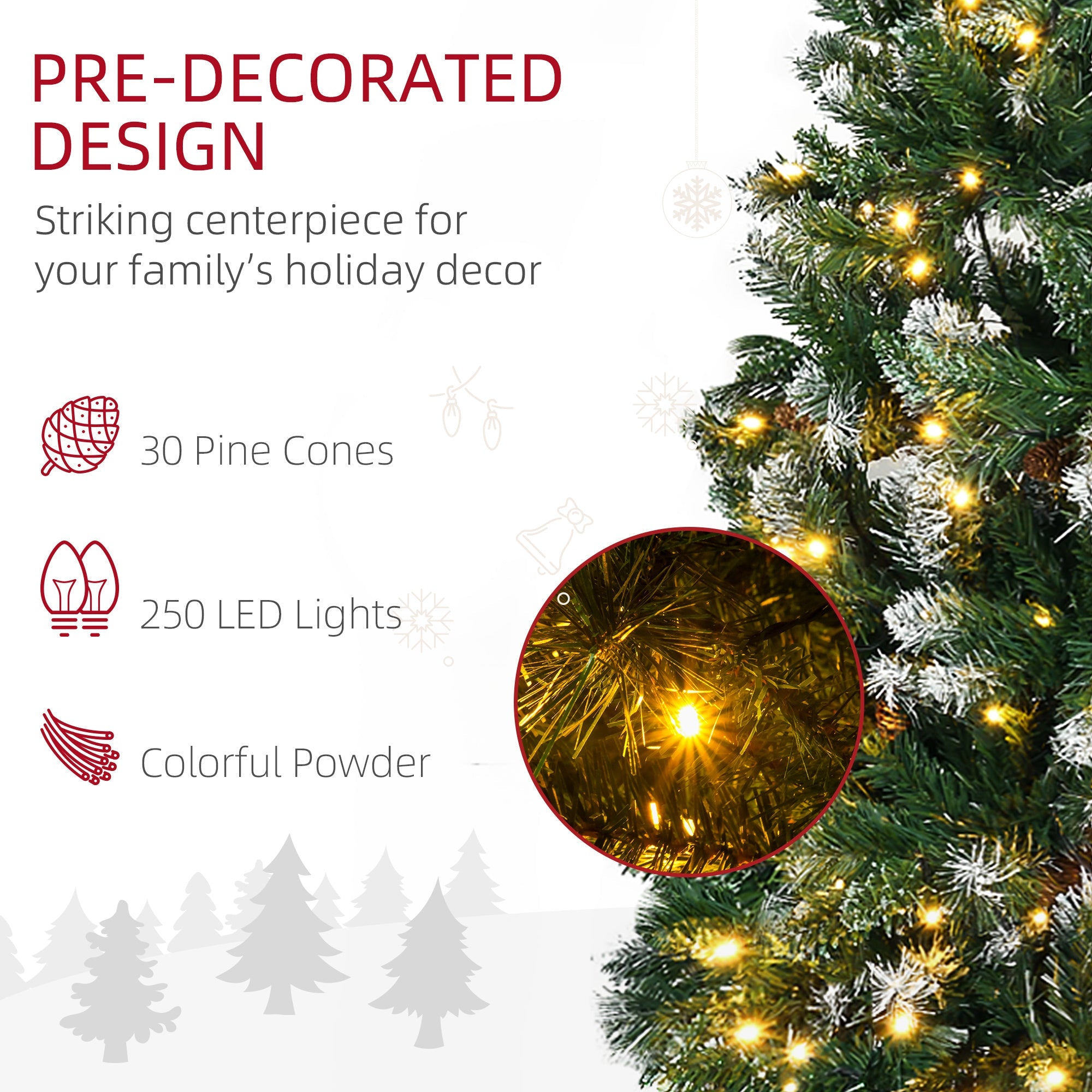 HOMCOM 6' Decorated Christmas Trees, Prelit Artificial Christmas Tree with Snow-dipped Branches, Auto Open, Pinecones, Green