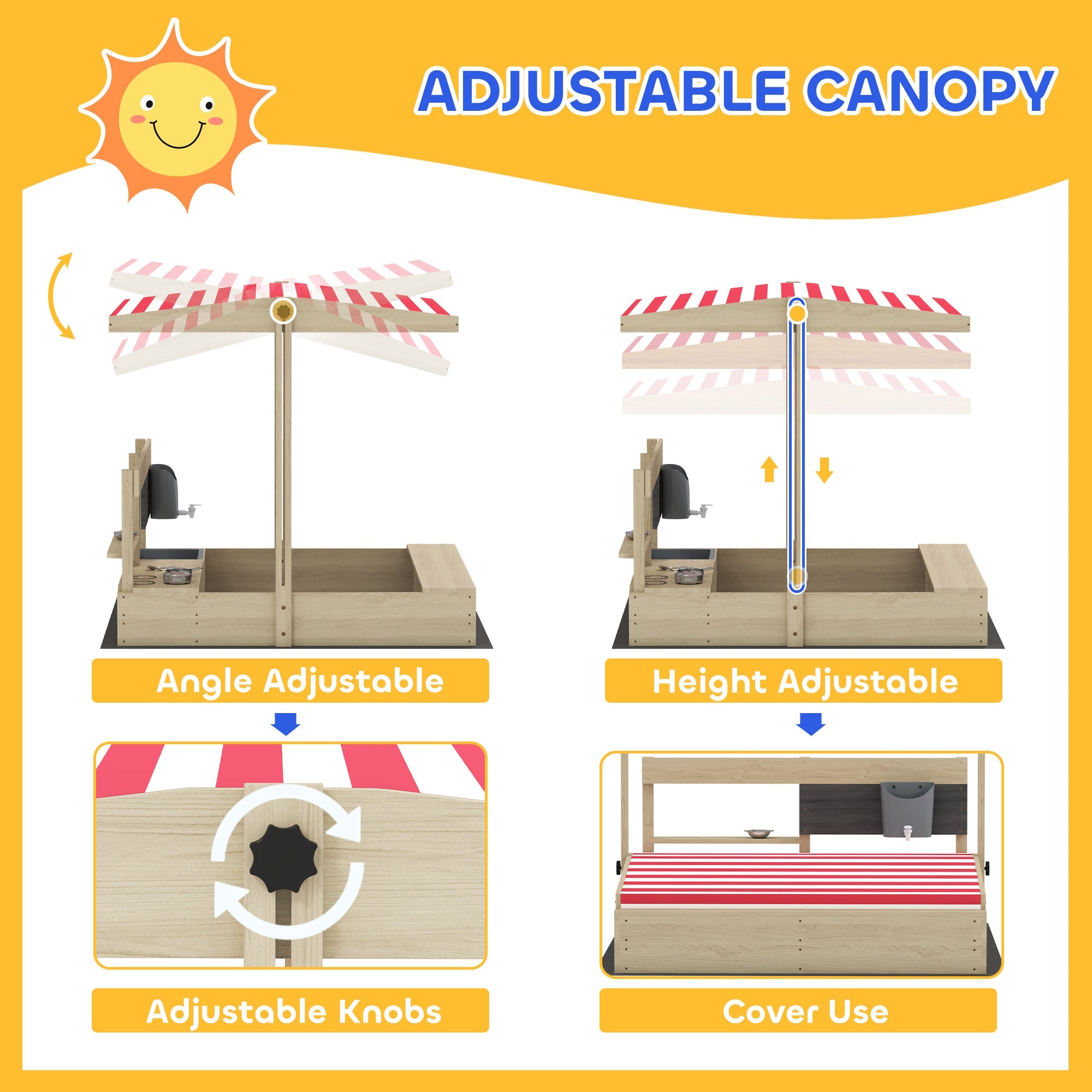 Outsunny Kids Sandbox with Cover Kitchen Playset Toys, Wooden Sand Box with Seat, Storage, for 3-7 Years Old, Natural Wood