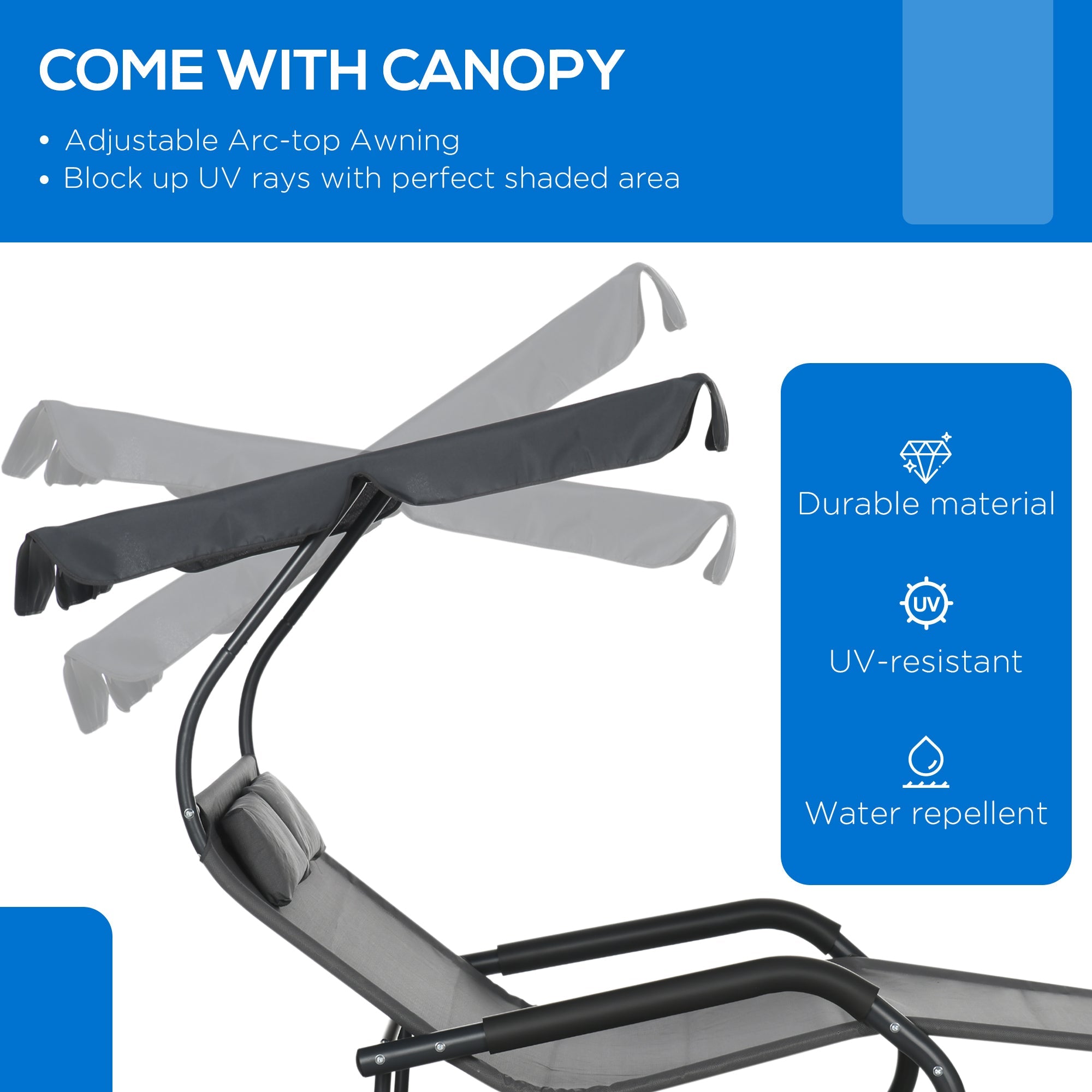 Outsunny Outdoor Double Chaise Lounge Sunbed w Adjustable Canopy Detachable Pillows Wheels Dark Gray