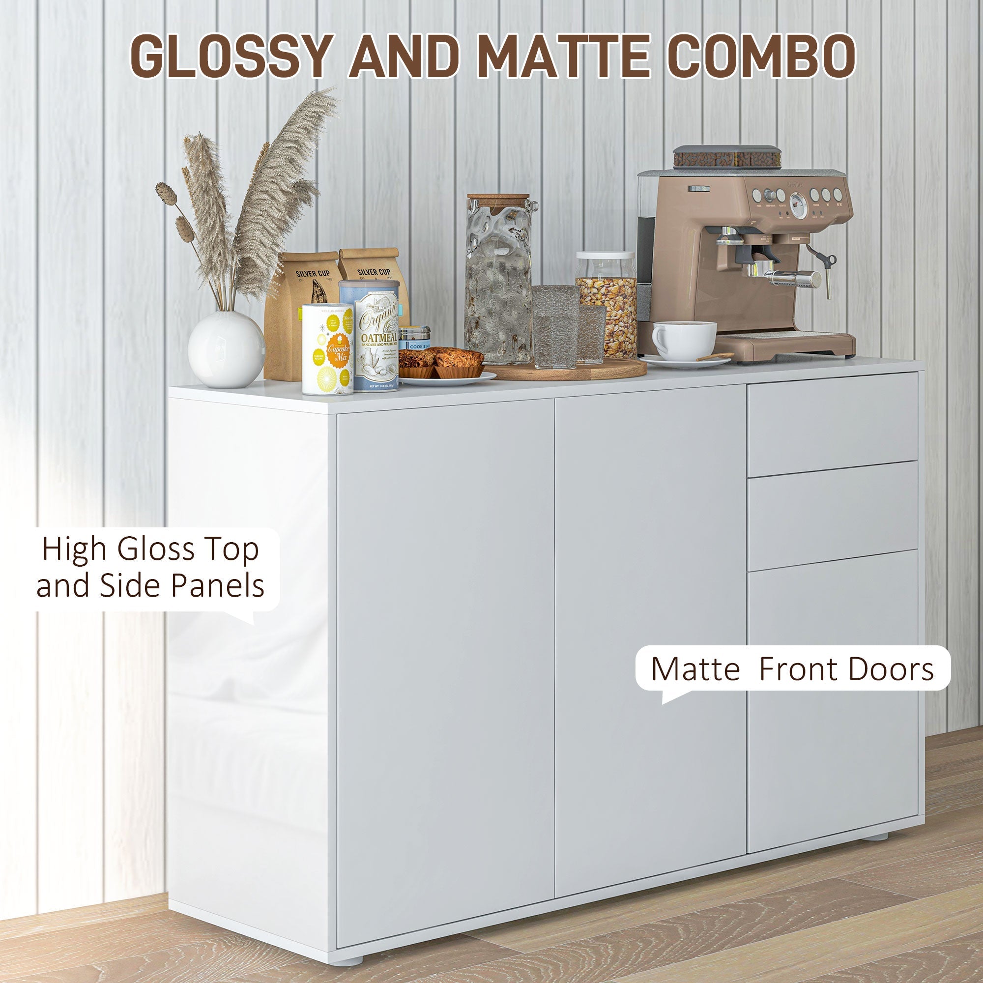 HOMCOM Kitchen Buffet Cabinet Modern Coffee Bar Push-Open Design 2 Drawers Living Room White