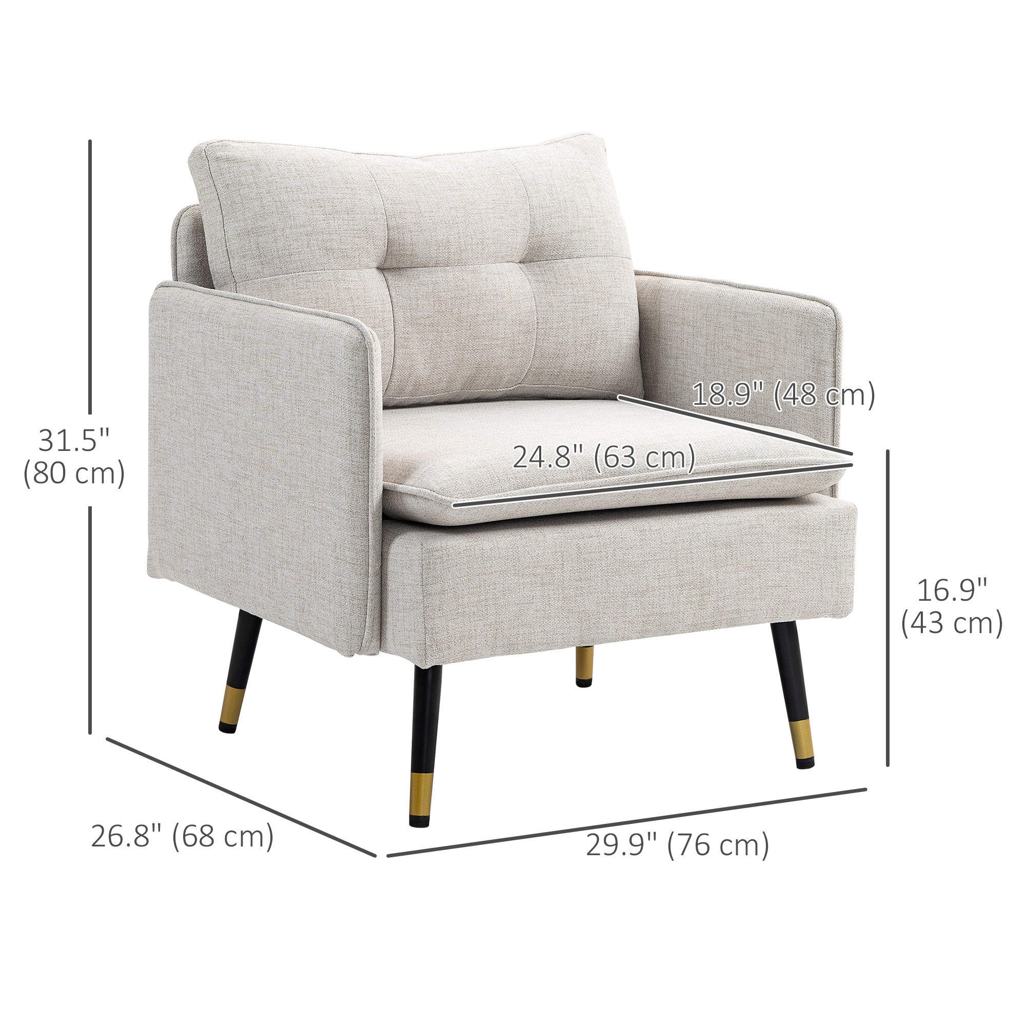 HOMCOM Accent Chair Modern Upholstered Tufted Back Steel Legs Living Room Bedroom Cream White