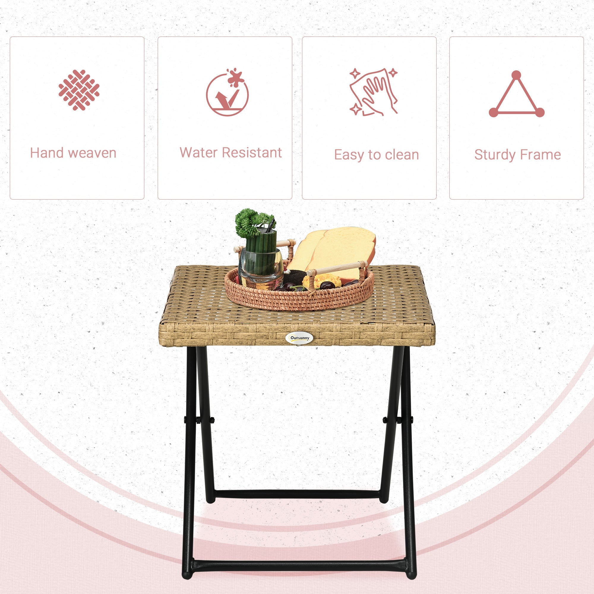 Outsunny Folding Patio Coffee Table PE Rattan Wicker Portable Outdoor Garden Side Table Nature Wood 15.75"x15.75"x15.75"